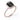 Angle view of rose gold ring featuring an emerald-cut black center stone surrounded by a halo and band of white diamonds