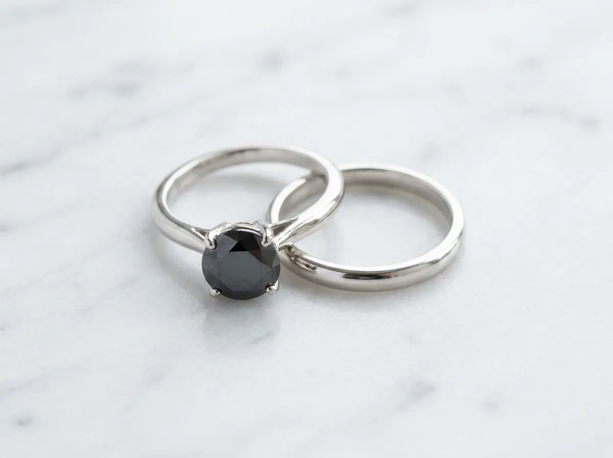 Black diamond engagement ring and band pairing