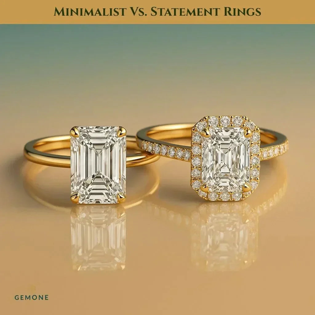 Minimalist vs. Statement Rings: Gold solitaire emerald cut ring next to an emerald cut diamond ring with diamond halo and pave band. Engagement ring styles.