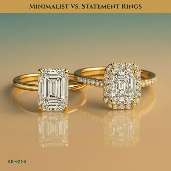 Minimalist vs. Statement Rings: Gold solitaire emerald cut ring next to an emerald cut diamond ring with diamond halo and pave band. Engagement ring styles.