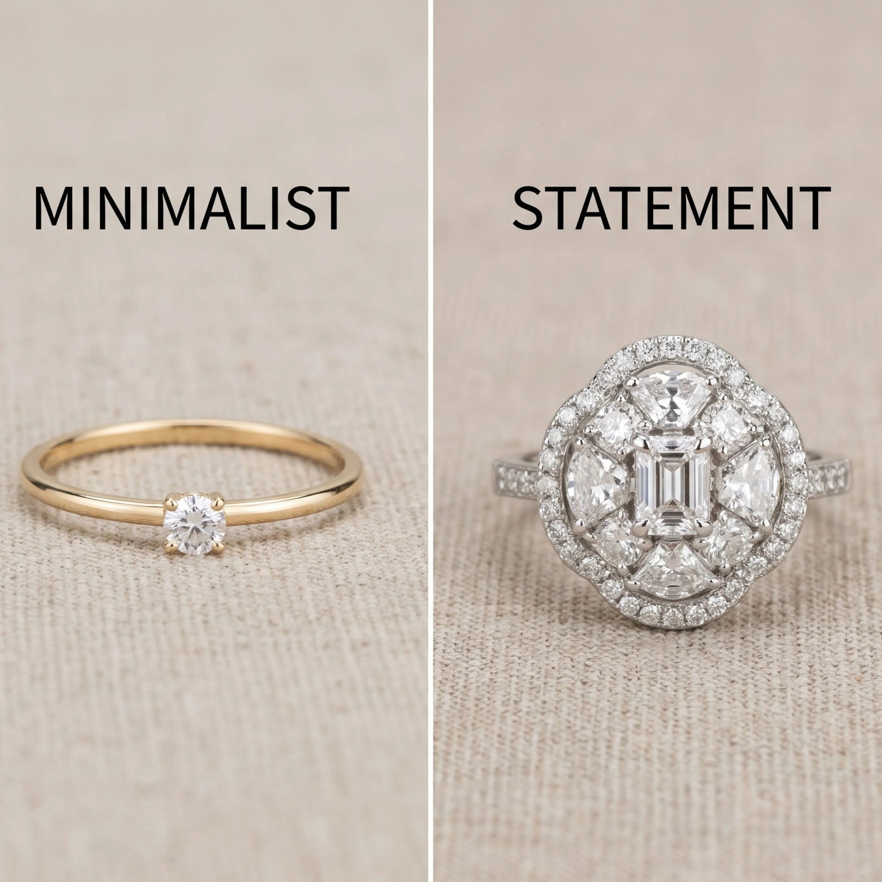 Minimalist vs. Statement Rings: Gold solitaire emerald cut ring next to an emerald cut diamond ring with diamond halo and pave band. Engagement ring styles.
