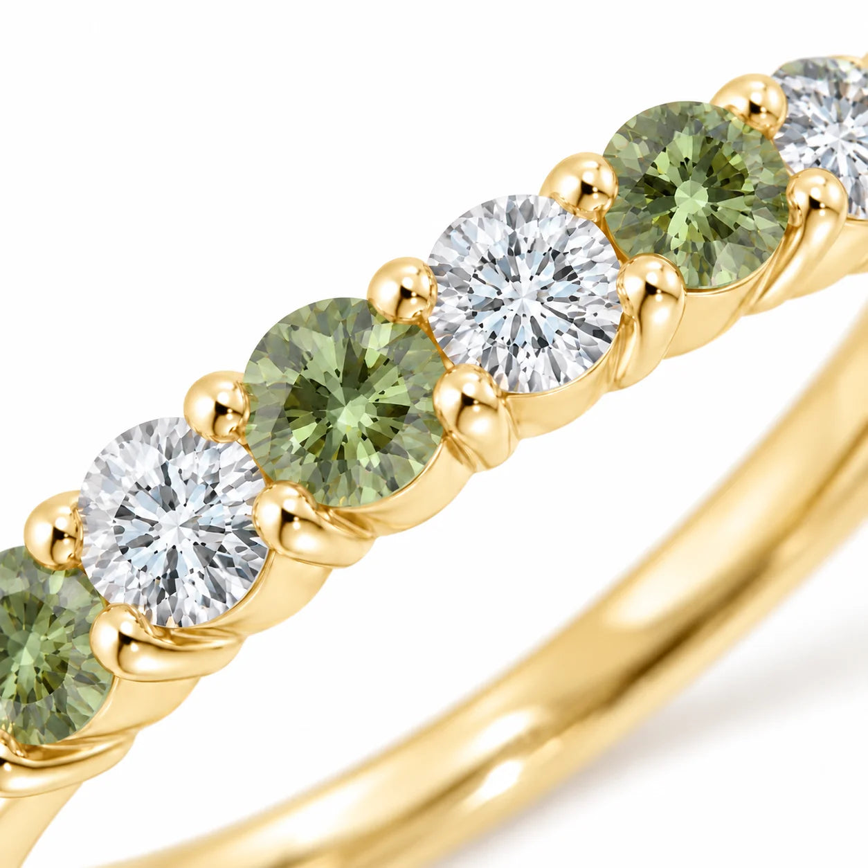 Close up view of 0.32ct Round Green &amp; White Diamond Half Eternity Band