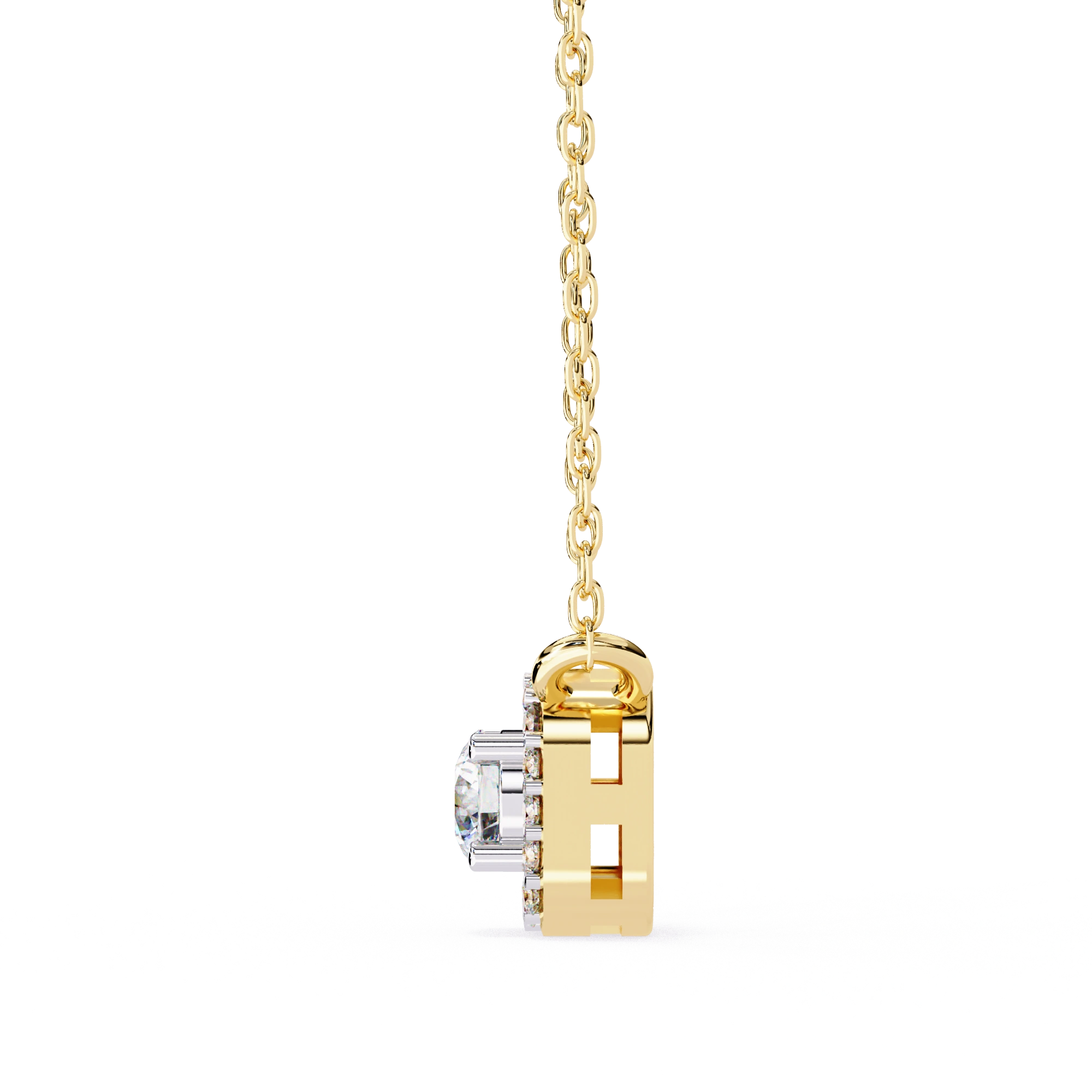 Round Lab Diamond Halo Necklace In Yellow Gold