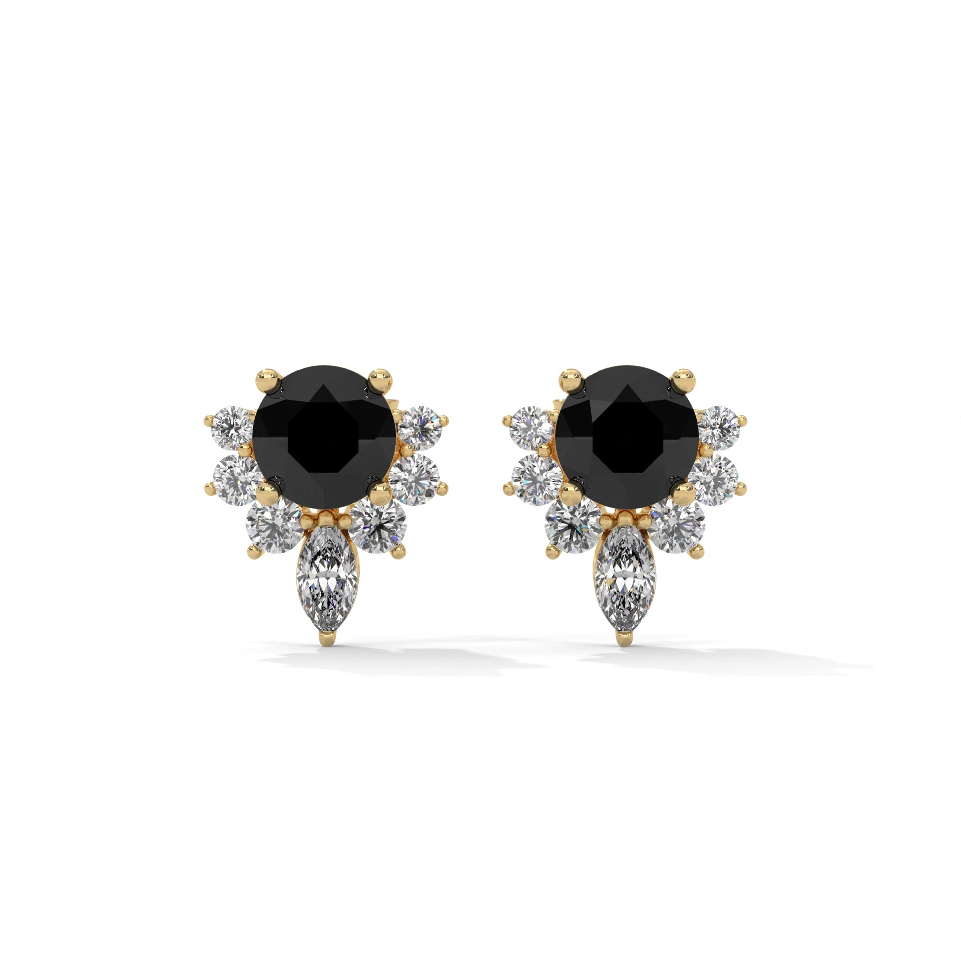 0.71 Ct Black Diamond Stud Earrings With White Diamond Cluster Screw Back 18K Yellow Gold