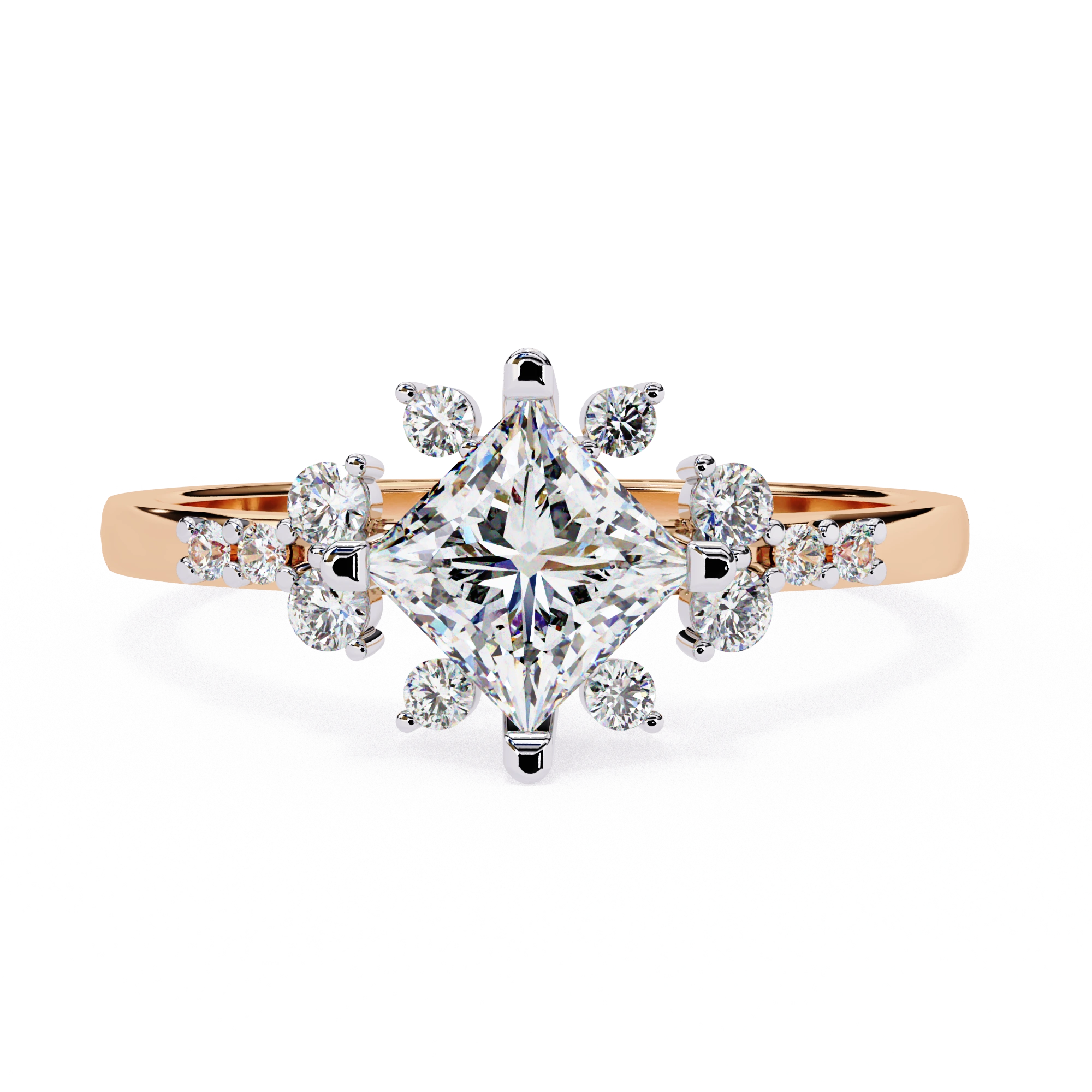 0.95 Ct Princess Lab Diamonds Ring White Gold With Accent Sides 18K Rose Gold Natural Diamond