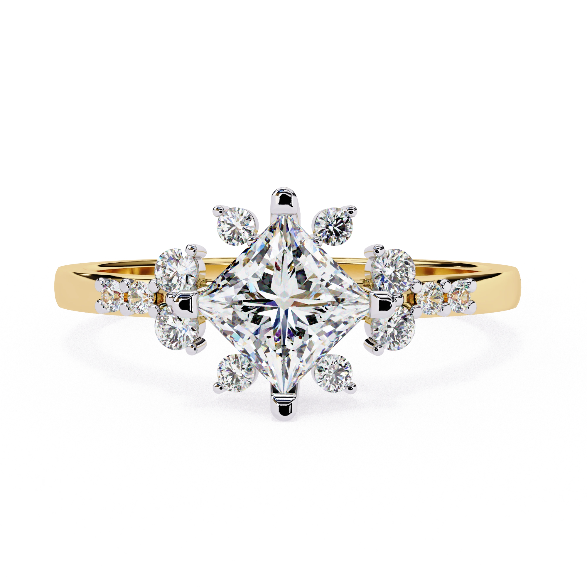 0.95 Ct Princess Lab Diamonds Ring White Gold With Accent Sides 18K Yellow Gold Natural Diamond