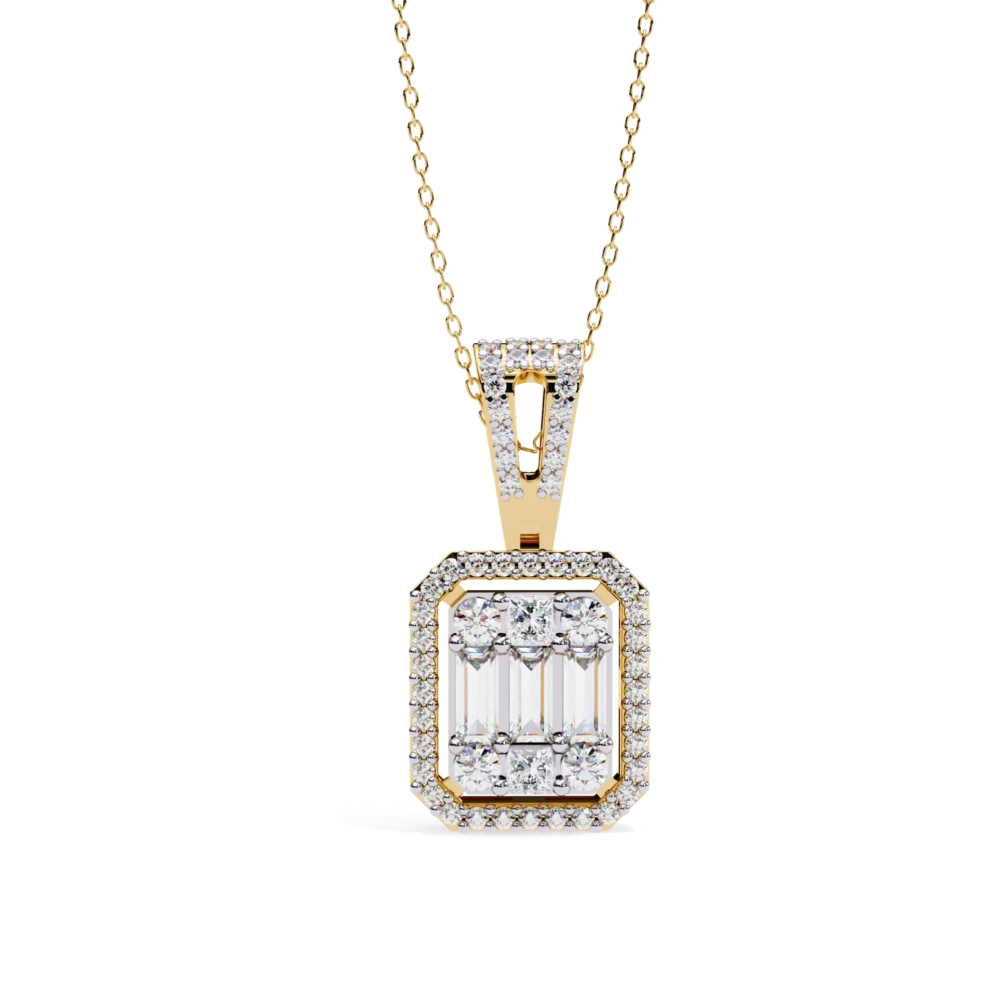 0.96 Ct Lab Diamond Emerald Shape Cluster Pendant 18K Yellow Gold Natural Diamond