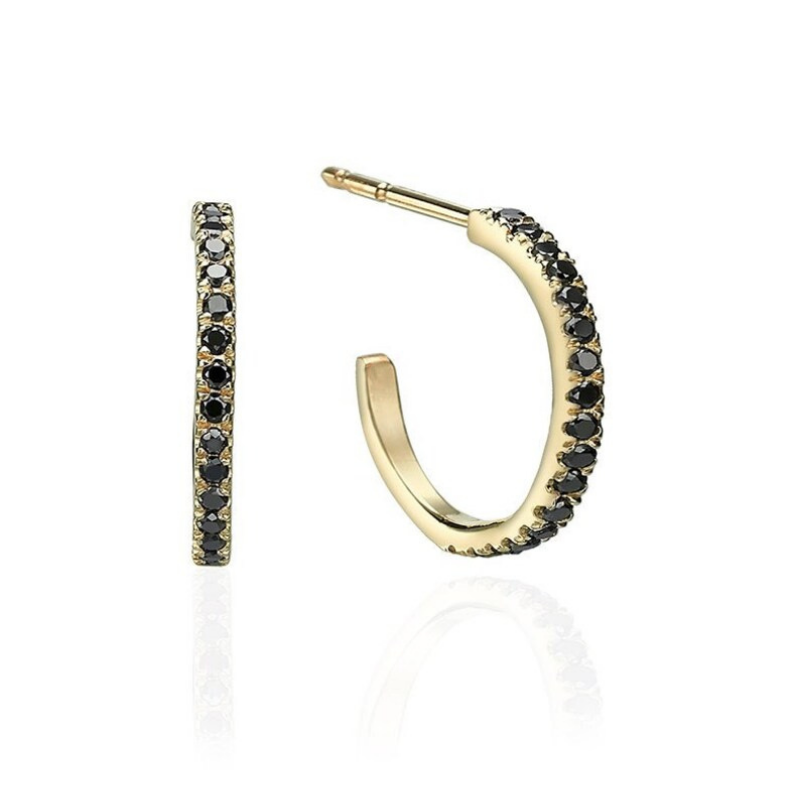 Black Diamond Hoop Earrings for Women's 18K Yellow Gold