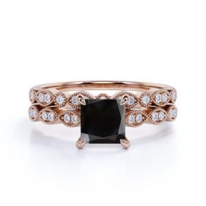 1.45 Carat PrincessCut Bridal Set Black And White Diamond Ring Black Diamond Wedding Rings