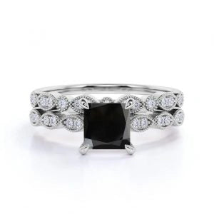 1.45 Carat Princess Cut Bridal Set Black And White Diamond Ring Black Diamond Wedding Rings