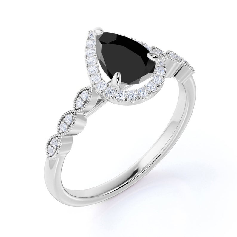 2.30 Ct Pear And Round Cut Black Diamond Halo Ring Black Diamond Engagement Ring