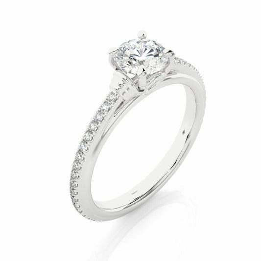 1.30 Ct Round Shaped Prong Setting Moissanite Ring With Accents In White Gold