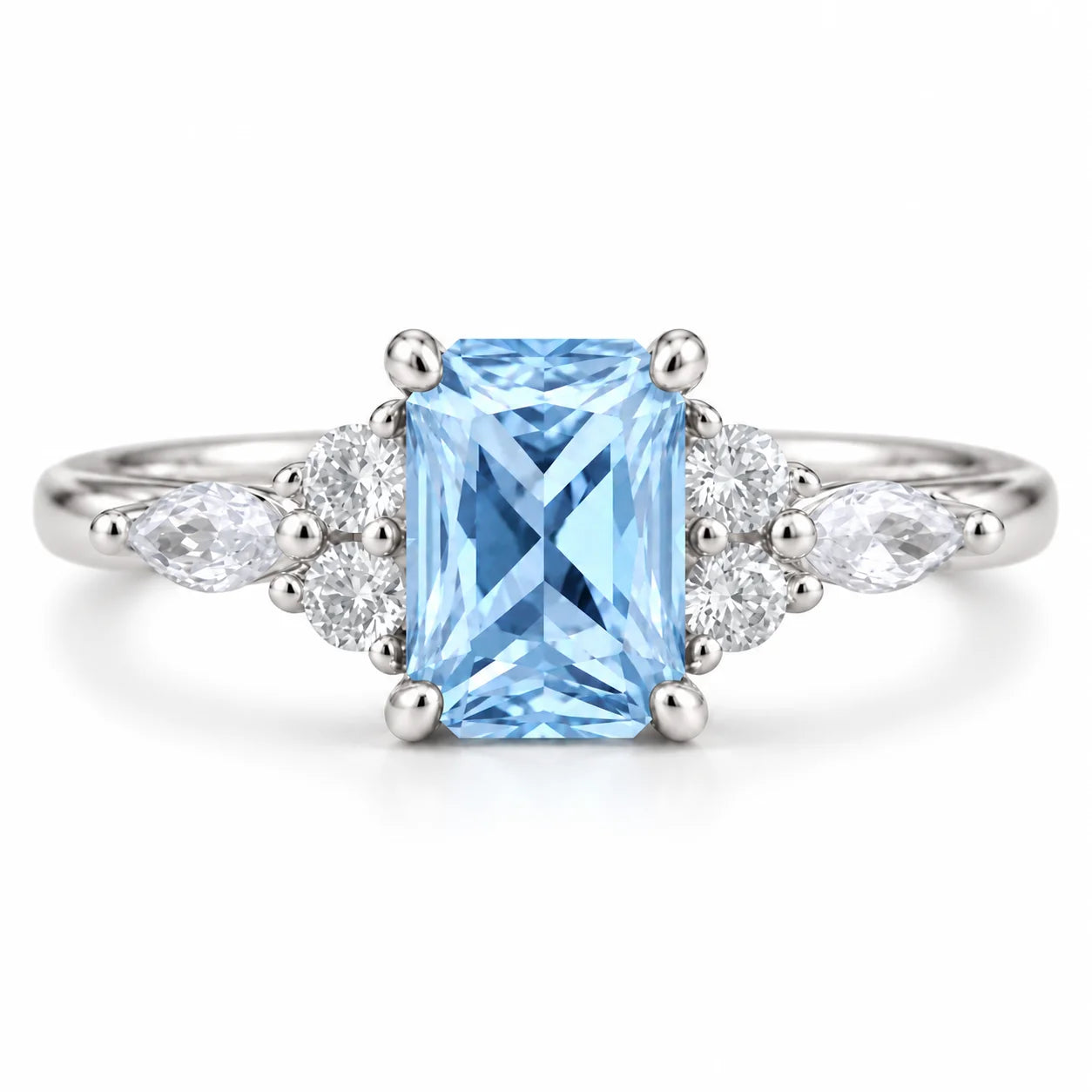 Front View Of 1.34 Carat Radiant Cut Diamond Ring with Marquise and Round Diamonds