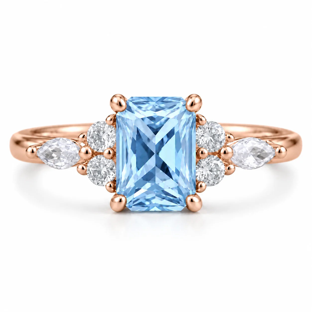 Front View Of 1.34 Carat Radiant Cut Diamond Ring with Marquise and Round Diamonds