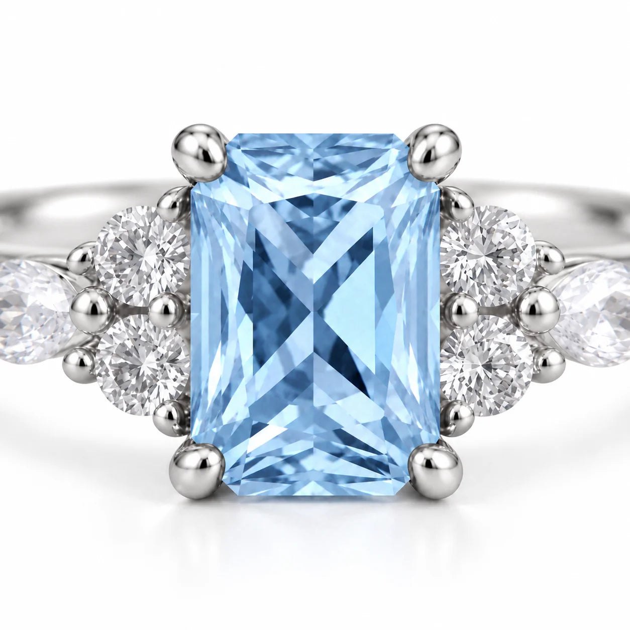 closeup view of 1.34 Carat Radiant Cut Diamond Ring with Marquise and Round Diamonds