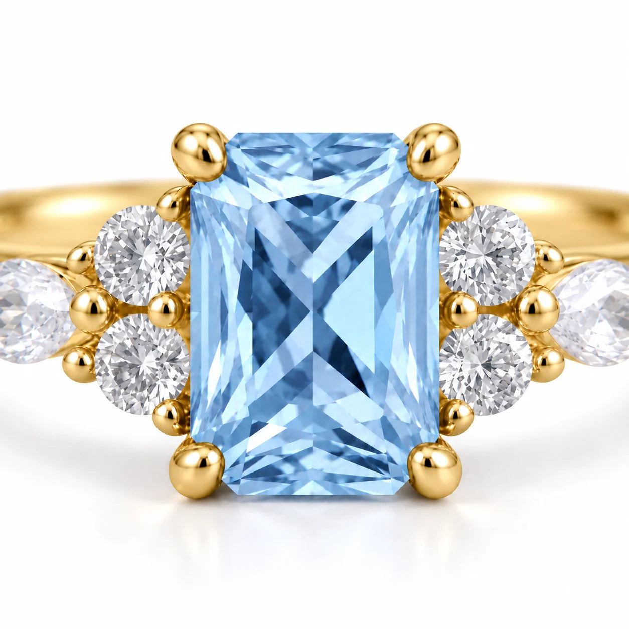 Close up view of 1.34 Carat Radiant Cut Diamond Ring with Marquise and Round Diamonds