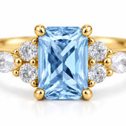 Close up view of 1.34 Carat Radiant Cut Diamond Ring with Marquise and Round Diamonds