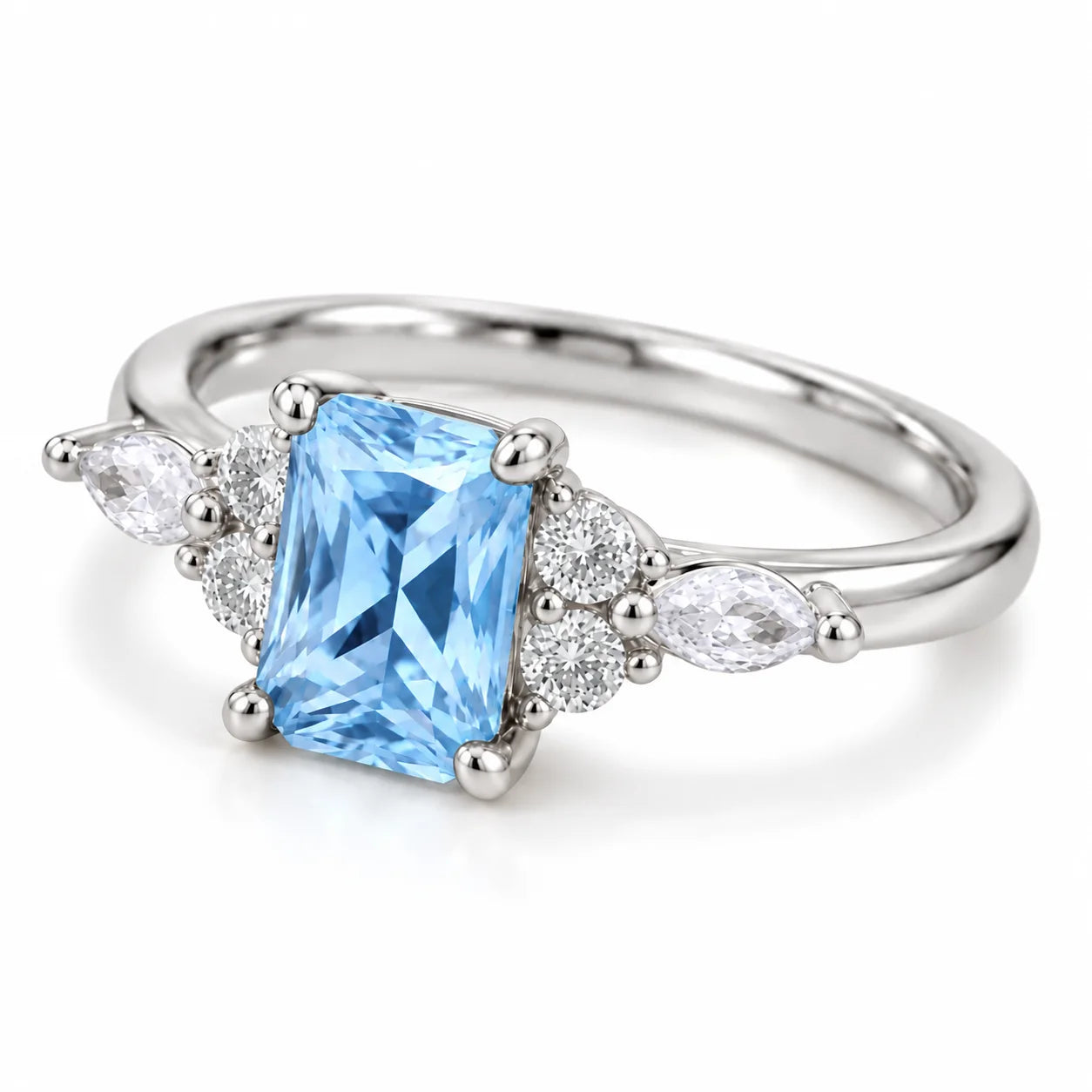 angled view of 1.34 Carat Radiant Cut Diamond Ring with Marquise and Round Diamonds