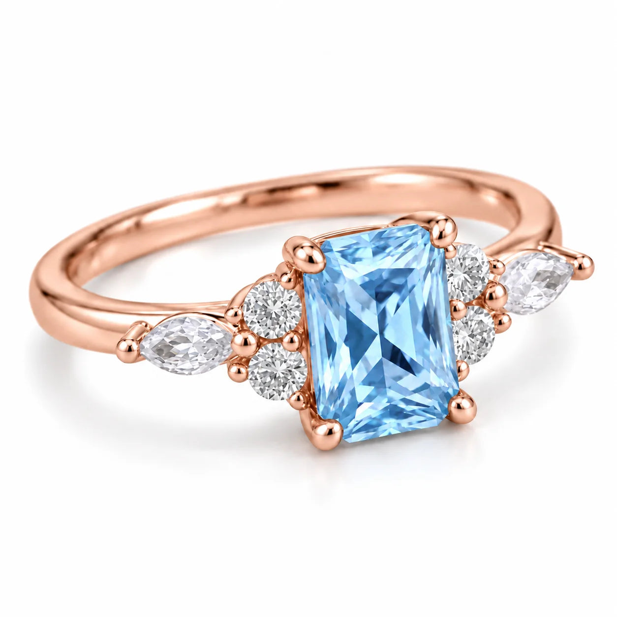 Angled View Of 1.34 Carat Radiant Cut Diamond Ring with Marquise and Round Diamonds