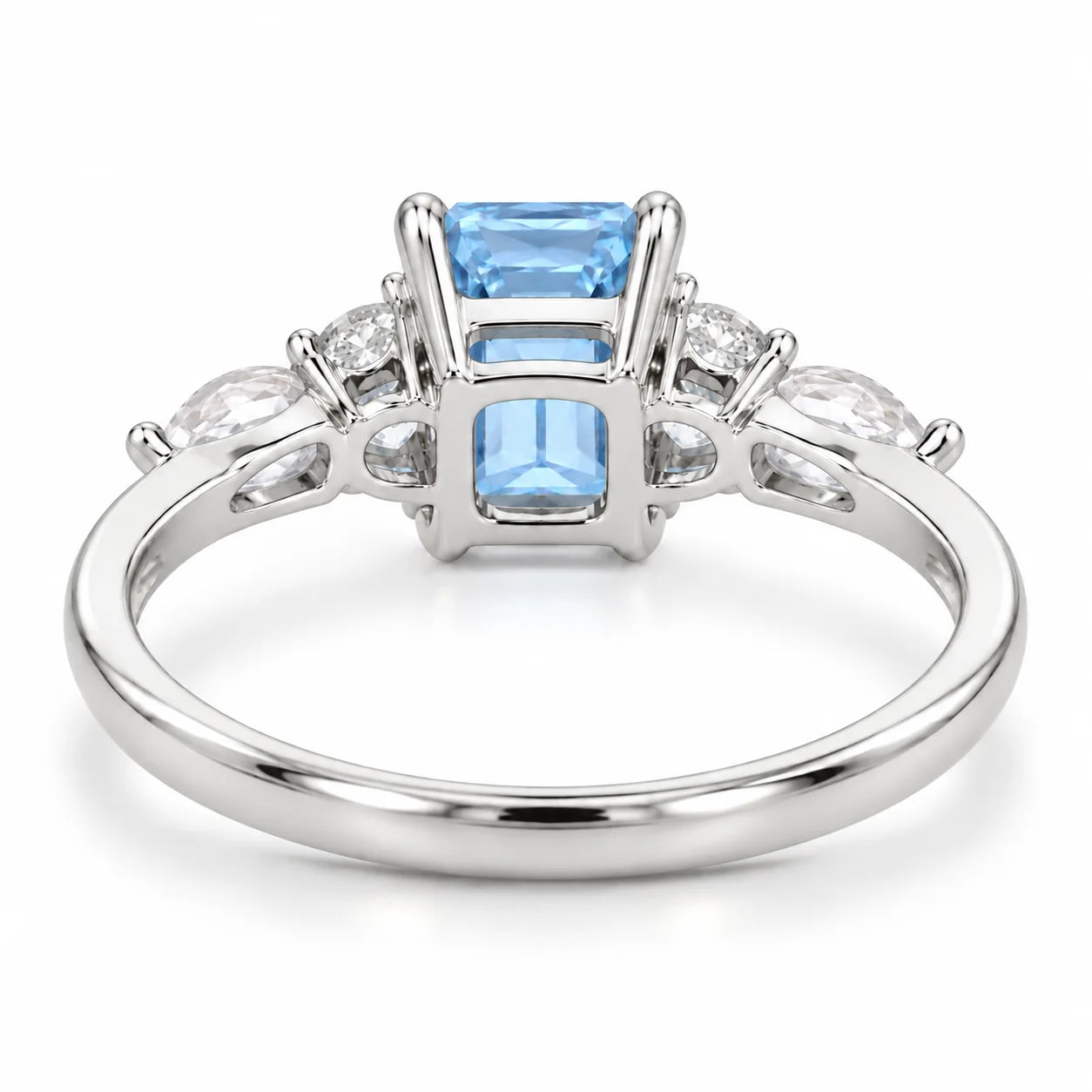Back view of 1.34 Carat Radiant Cut Diamond Ring with Marquise and Round Diamonds