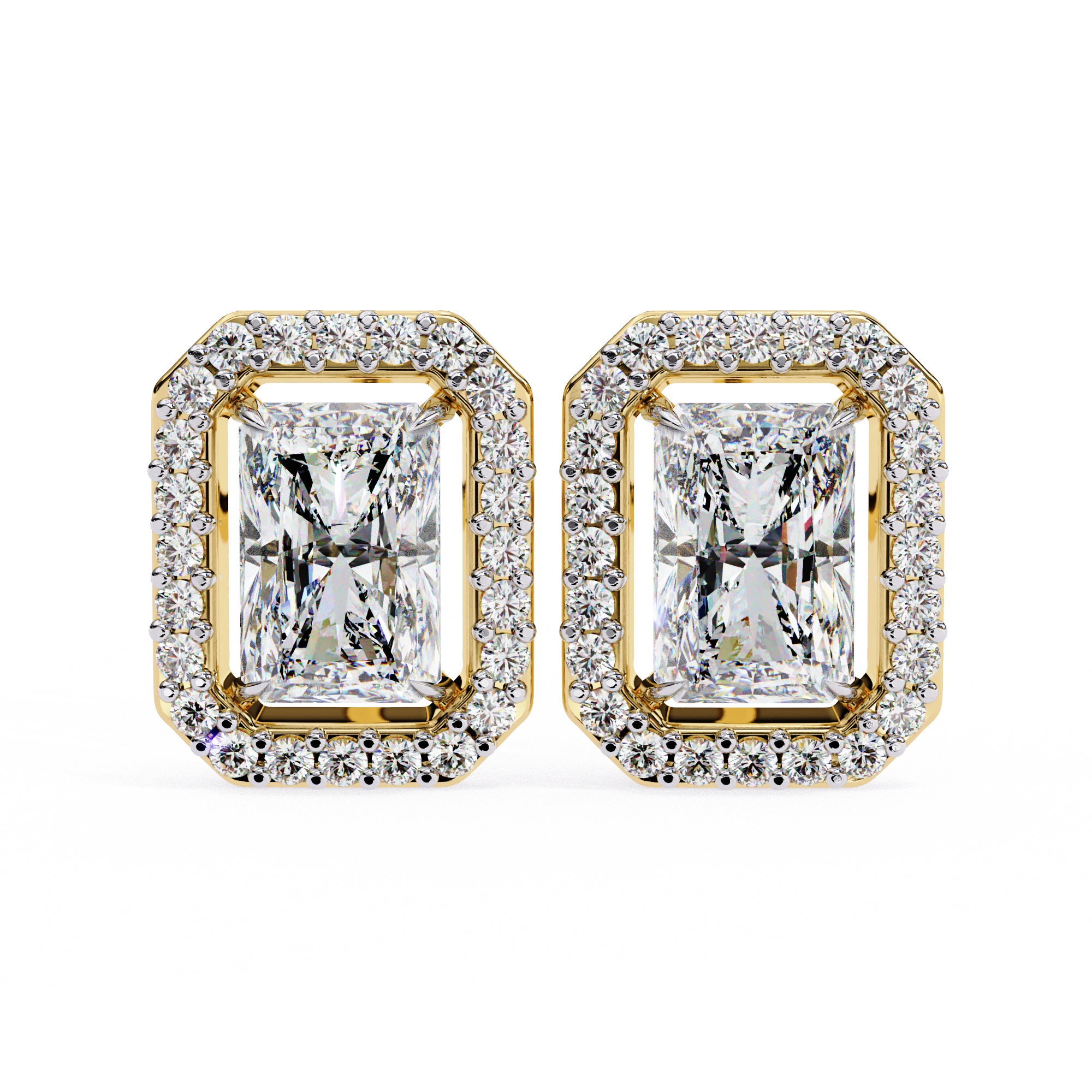 1.36 Carat Emerald Cut Diamond Stud Earrings with Halo Design in Gold for Women 18K Yellow Gold Natural Diamond