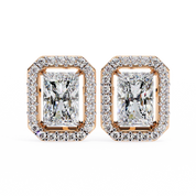 1.36 Carat Emerald Cut Diamond Stud Earrings with Halo Design in Gold for Women 18K Rose Gold Natural Diamond