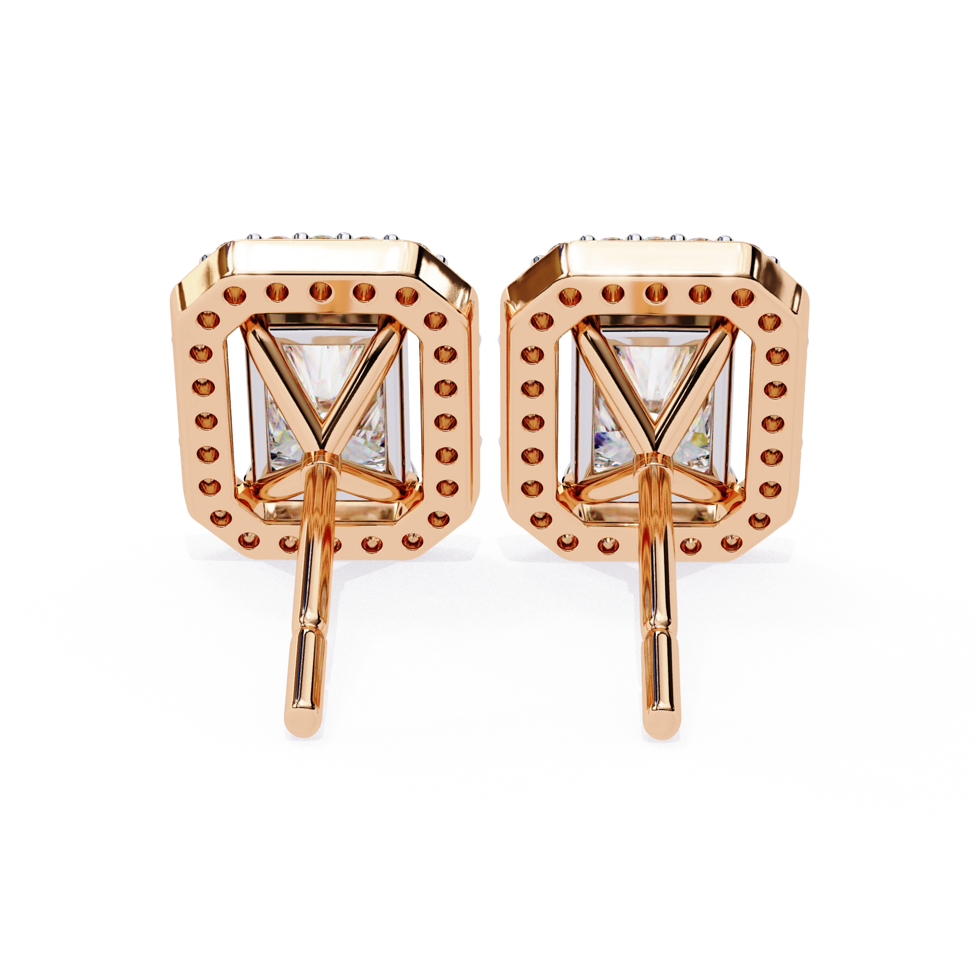 1.36 Carat Emerald Cut Diamond Stud Earrings with Halo Design in Gold for Women
