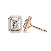 1.36 Carat Emerald Cut Diamond Stud Earrings with Halo Design in Gold for Women