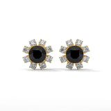 Floral Halo 1.40 Carat Round Cut Black Diamond Earrings Screw Back