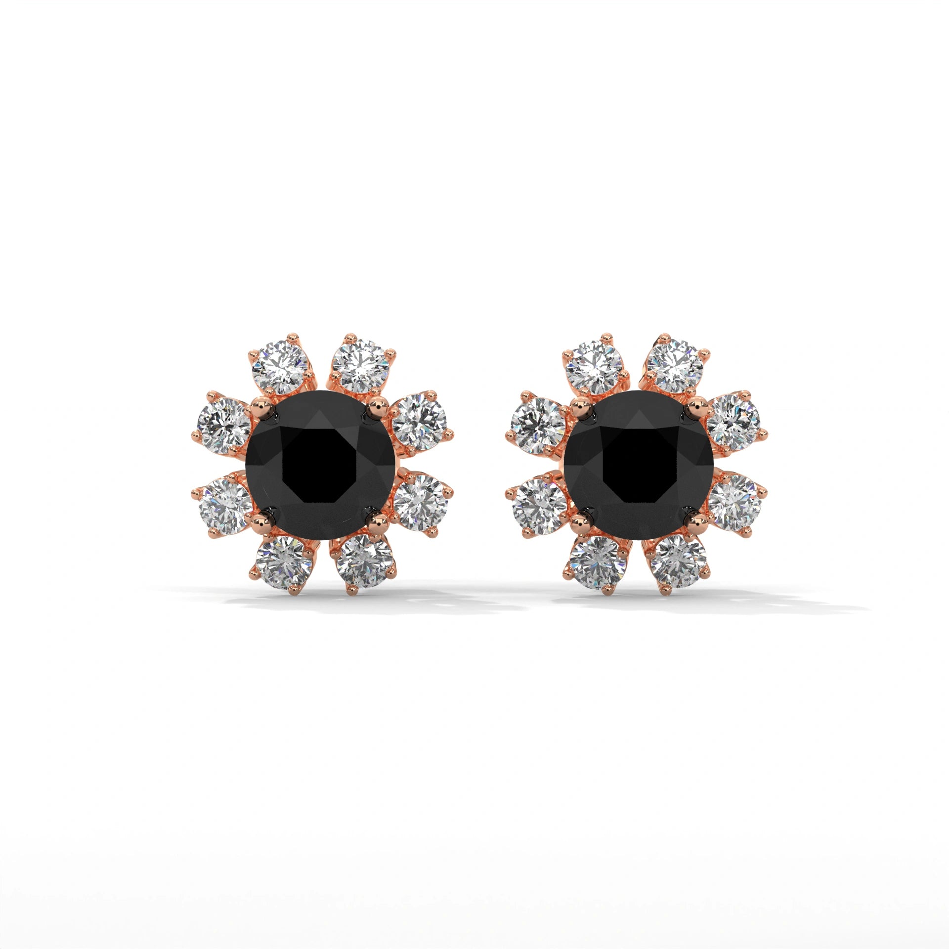 Floral Halo 1.40 Carat Round Cut Black Diamond Earrings Screw Back 18K Rose Gold