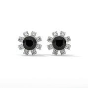 Floral Halo 1.40 Carat Round Cut Black Diamond Earrings Screw Back