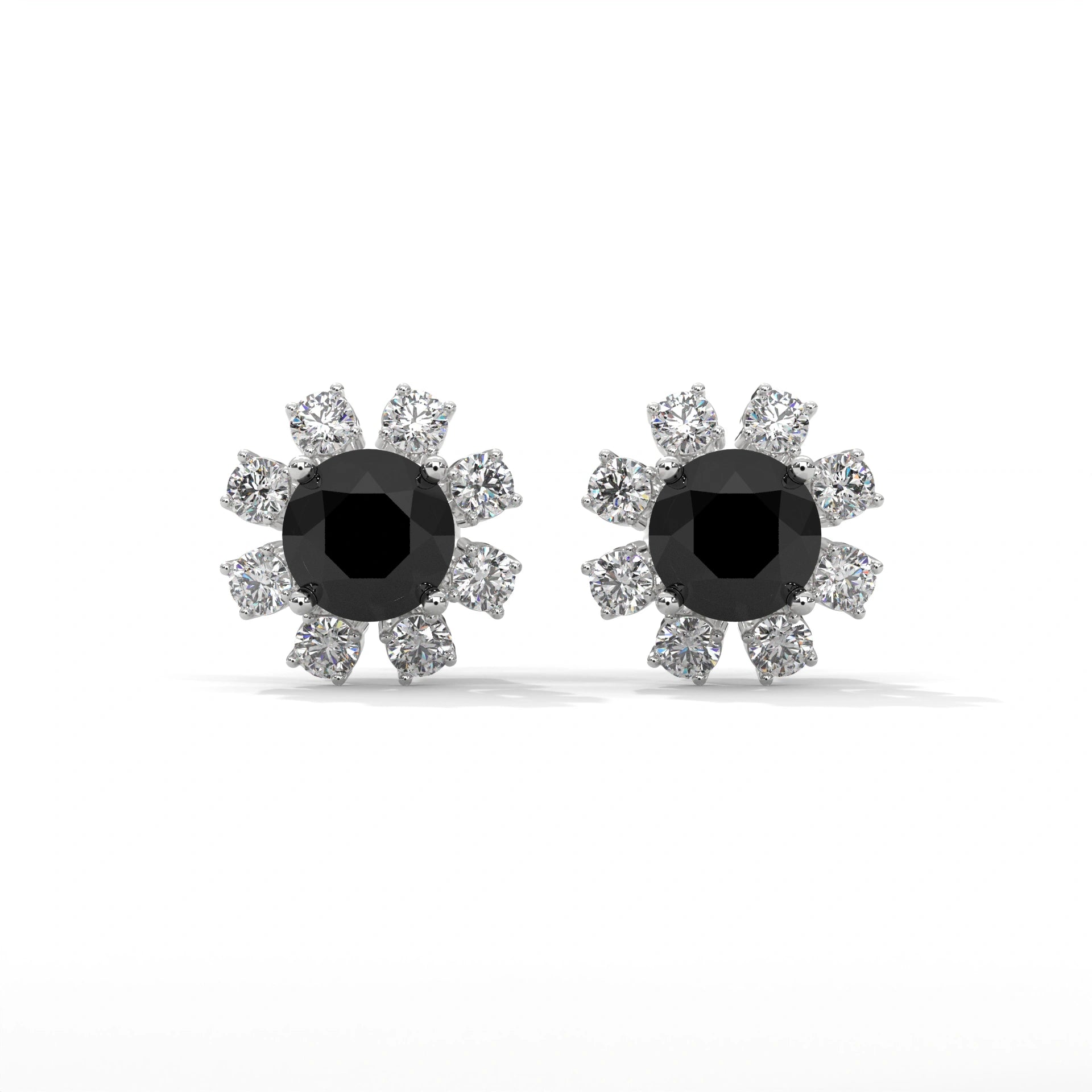 Floral Halo 1.40 Carat Round Cut Black Diamond Earrings Screw Back