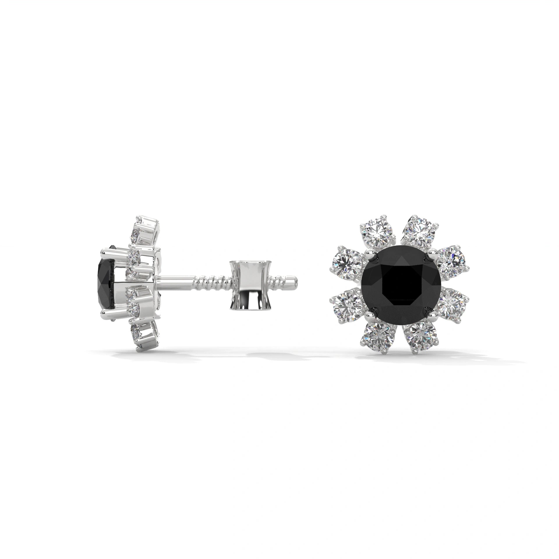 Floral Halo 1.40 Carat Round Cut Black Diamond Earrings Screw Back