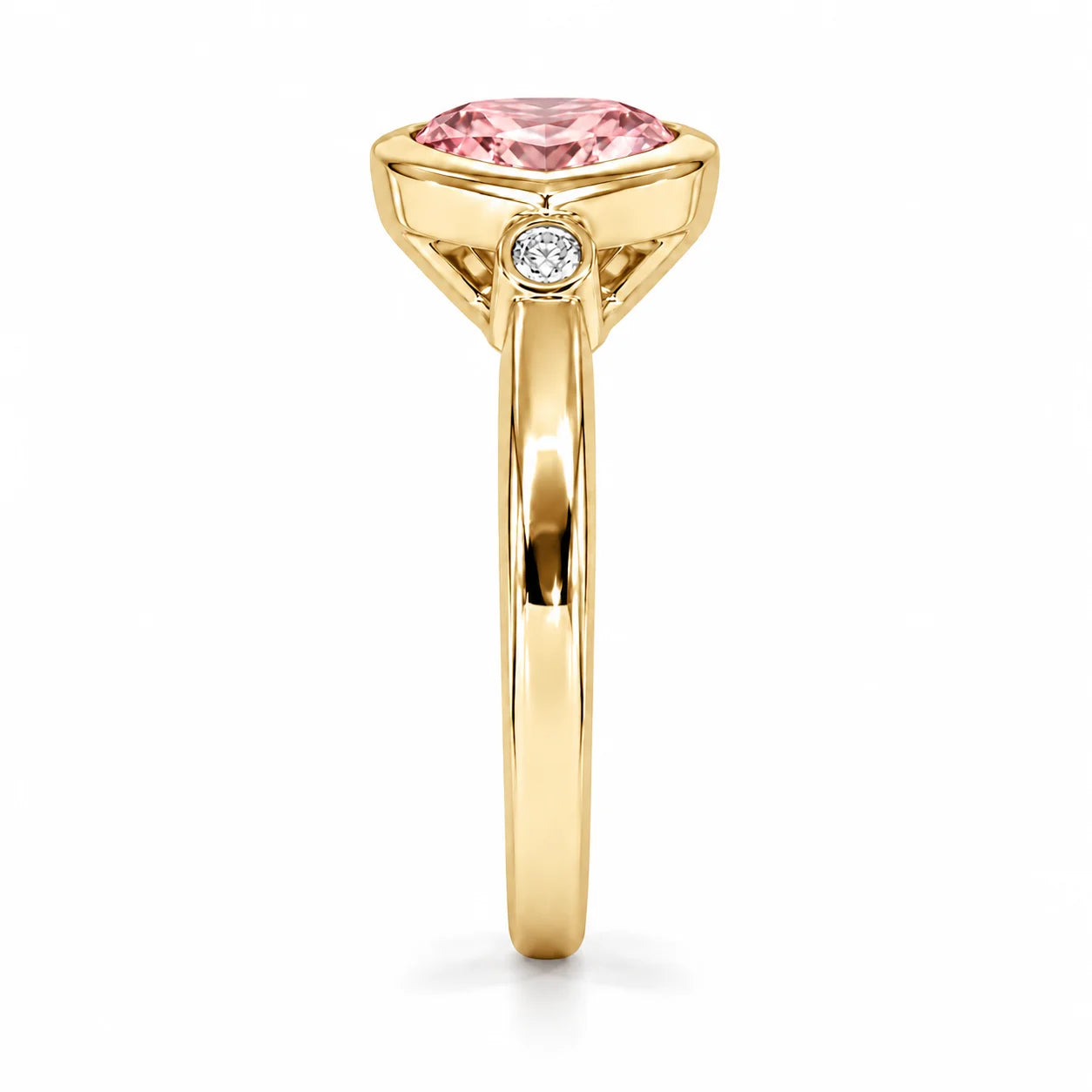 Side View Of 1.72 Carat Fancy Pink Heart Cut 3 Stone Diamond Ring