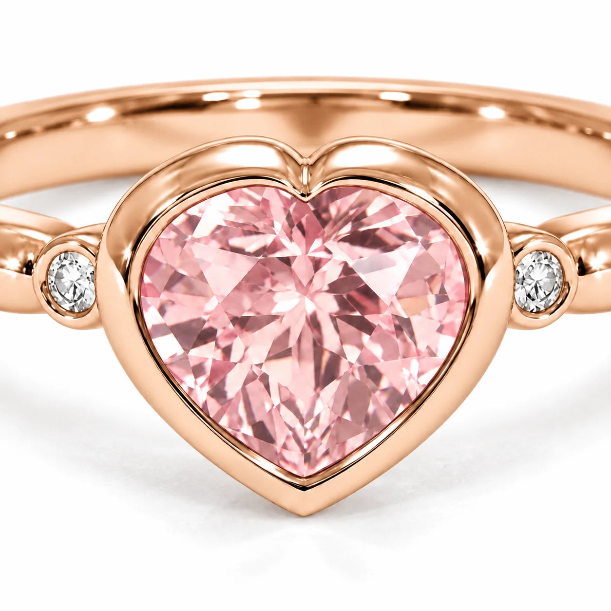 Close UP Of View Of 1.72 Carat Fancy Pink Heart Cut 3 Stone Diamond Ring