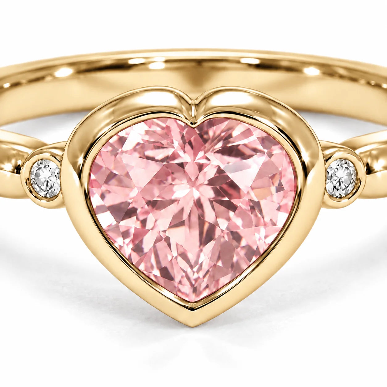 Close Up View Of 1.72 Carat Fancy Pink Heart Cut 3 Stone Diamond Ring