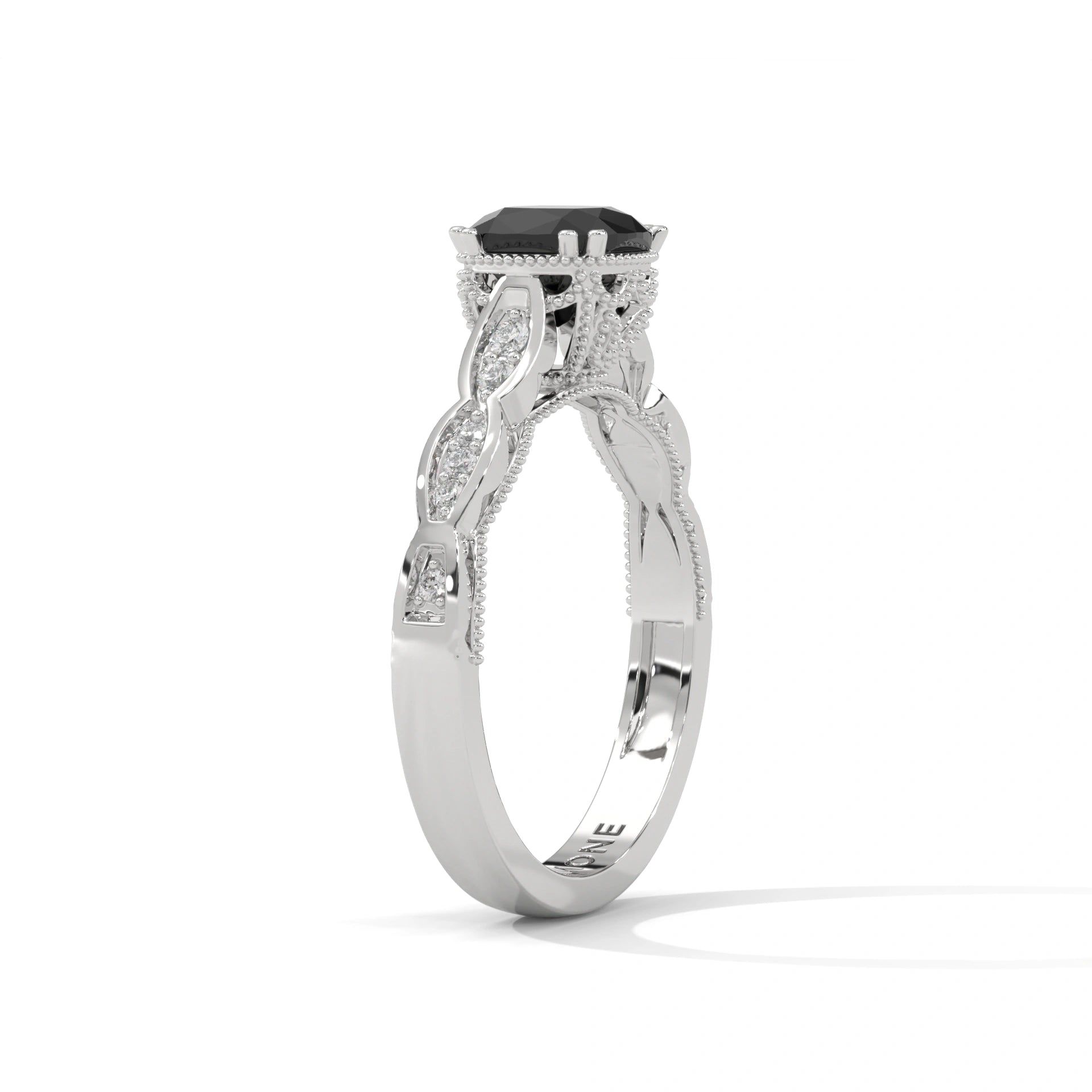 1.91 Ct Cushion Cut Black Diamond Engagement Ring with Side Diamonds