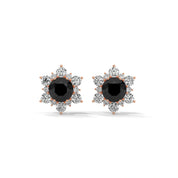 1 Carat Round Cut Floral Halo Black Diamond Stud Earrings Screw Back 18K Rose Gold