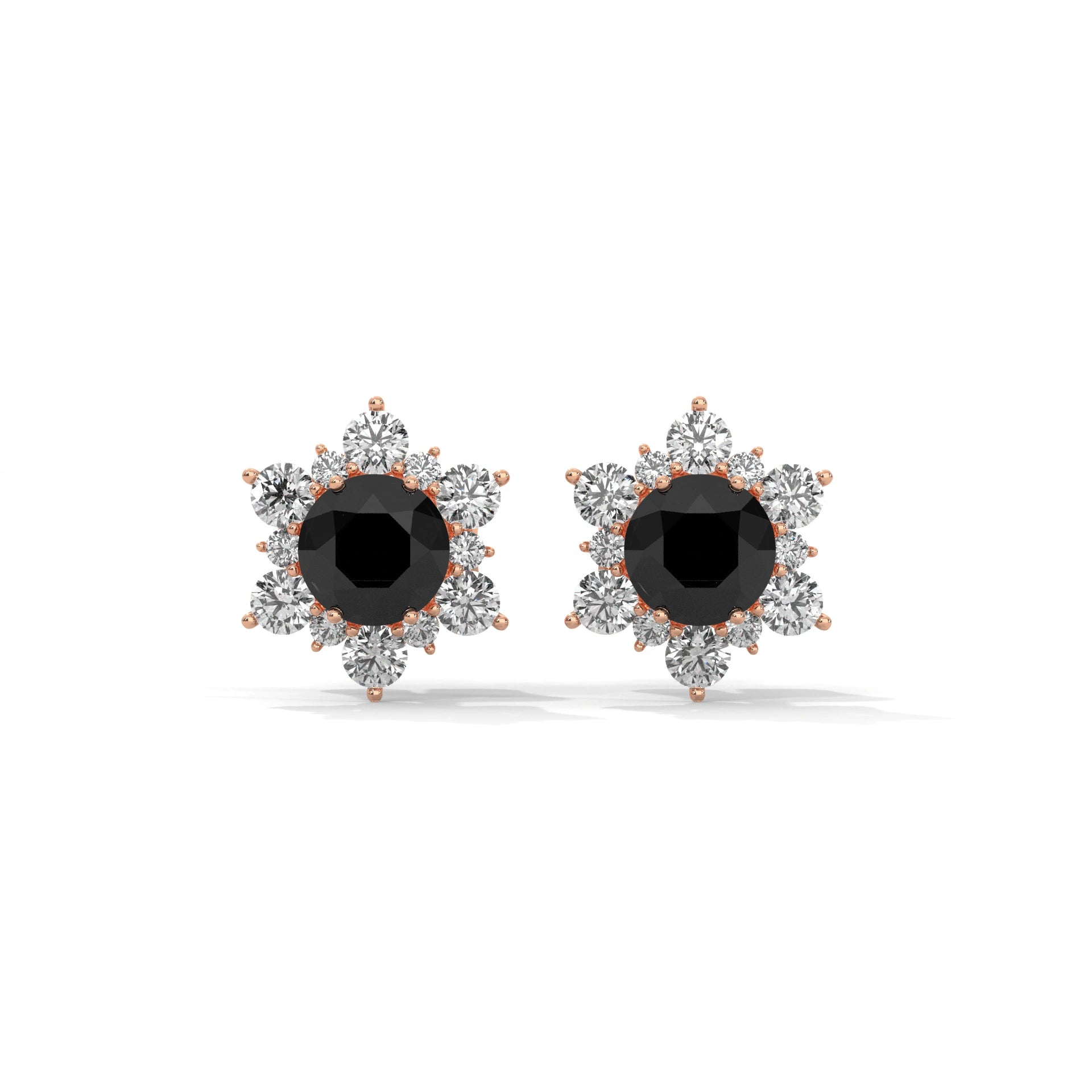1 Carat Round Cut Floral Halo Black Diamond Stud Earrings Screw Back 18K Rose Gold