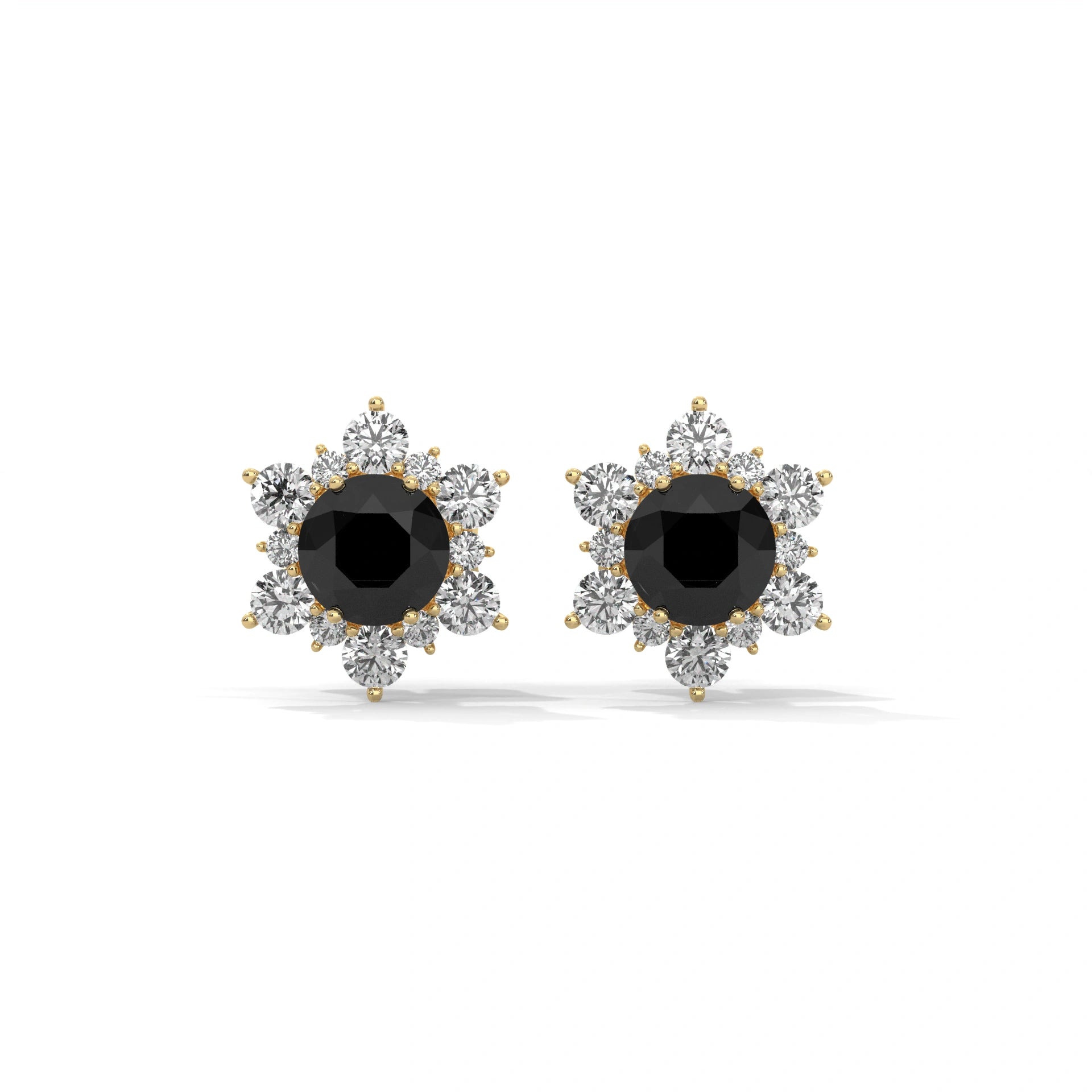 1 Carat Black Diamond Floral Halo Stud Earrings Screw Back 18K Yellow Gold