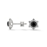 1 Carat Round Cut Floral Halo Black Diamond Stud Earrings Screw Back