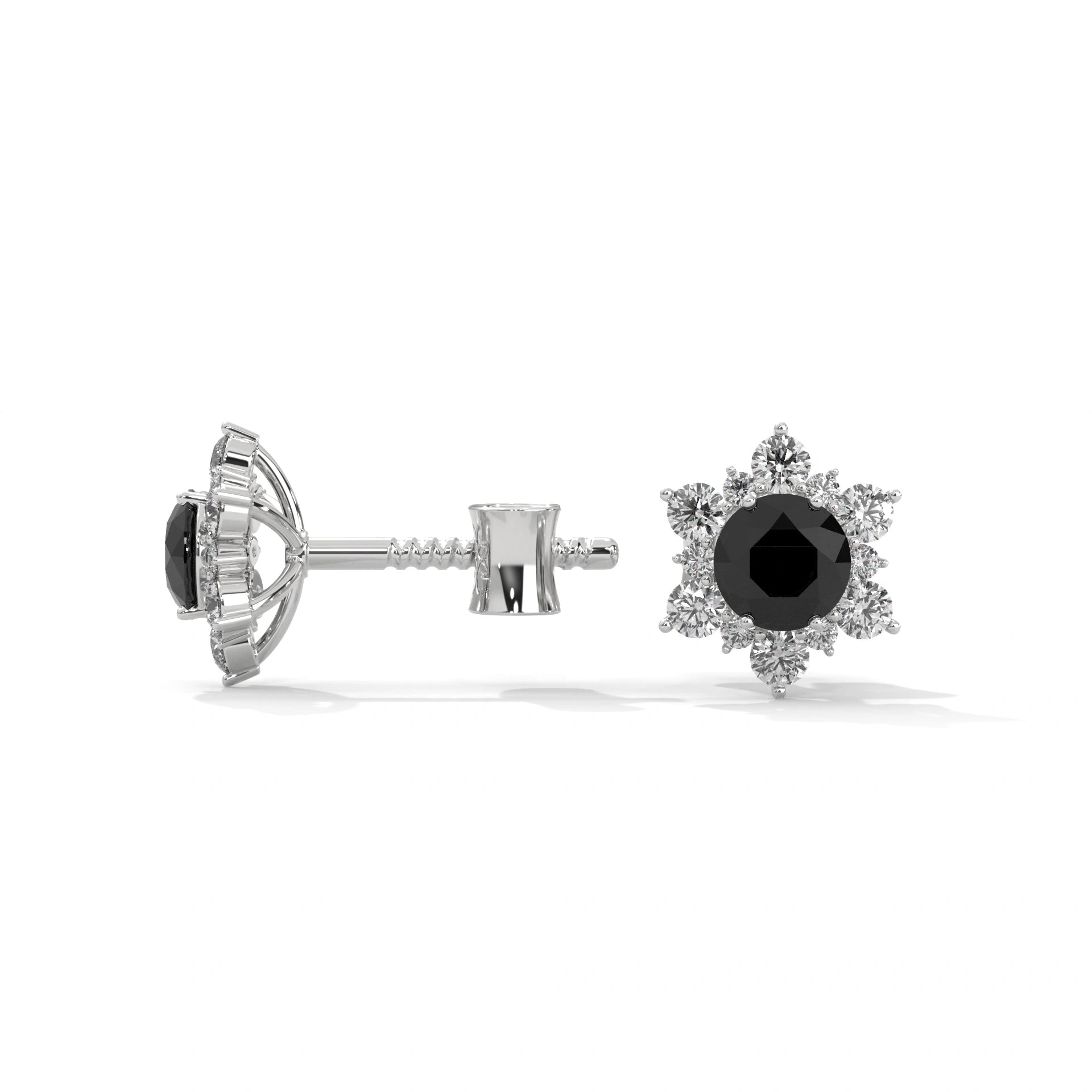 1 Carat Round Cut Floral Halo Black Diamond Stud Earrings Screw Back