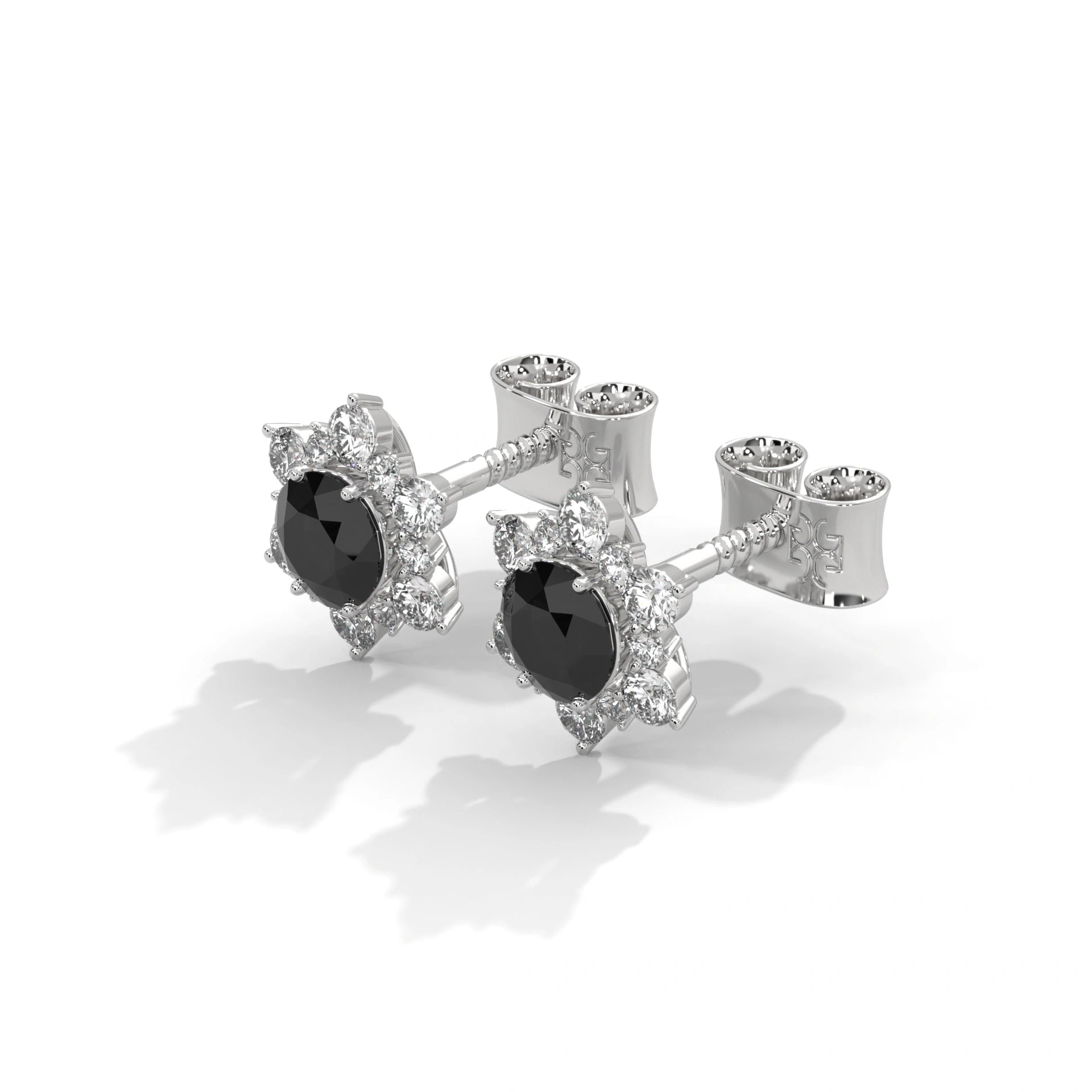 1 Carat Black Diamond Floral Halo Stud Earrings Screw Back