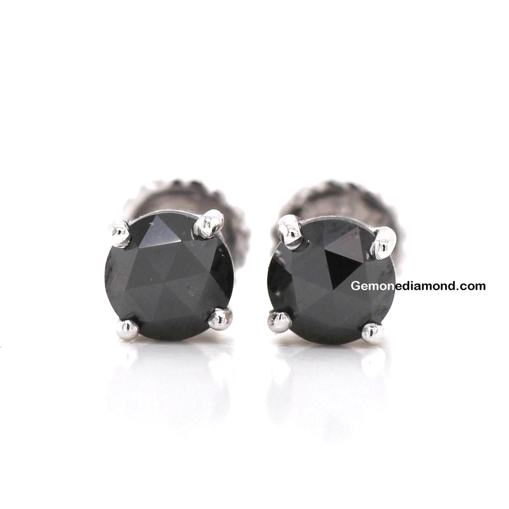 1 Carat Round Black Diamond Stud Earrings in White Gold