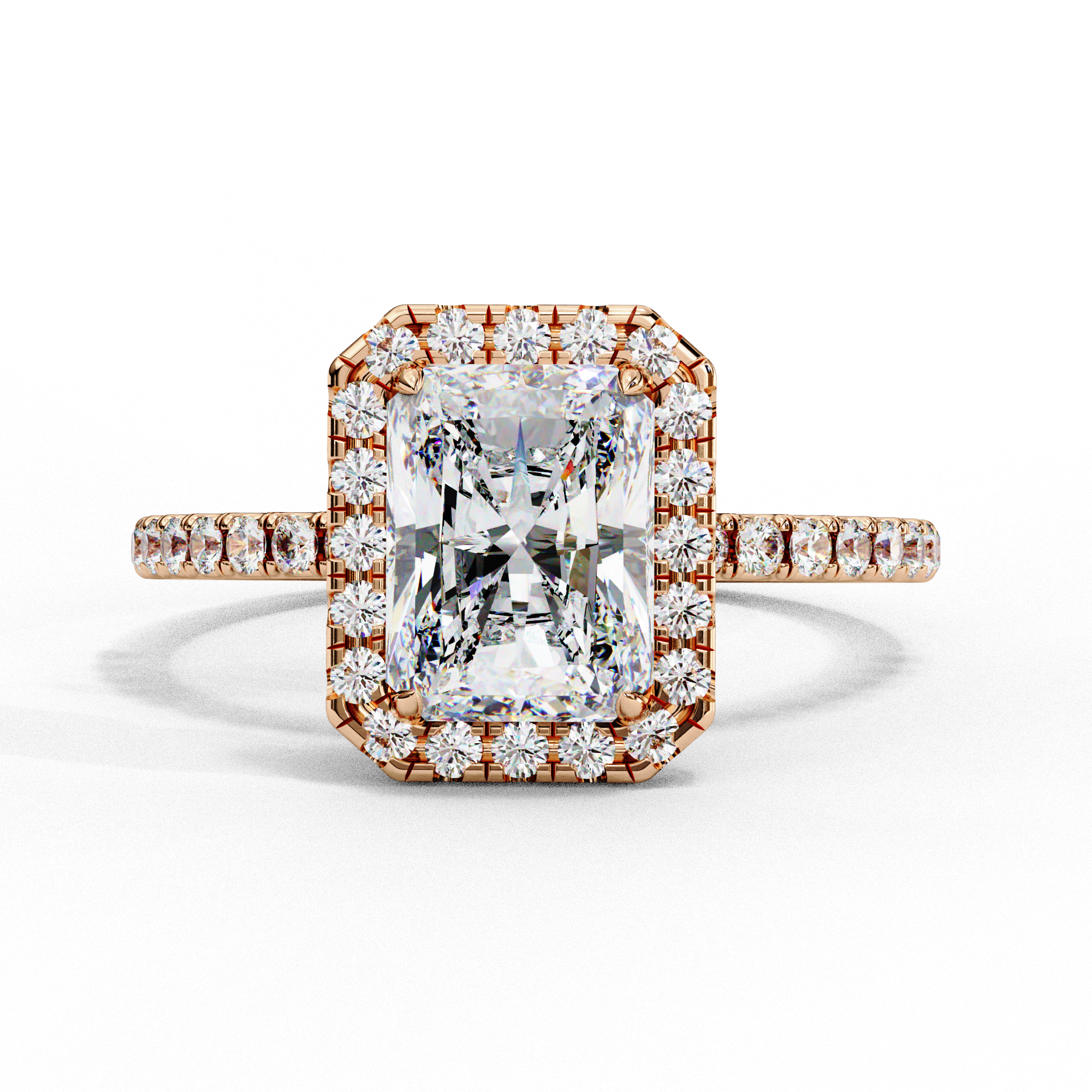 Radiant Shaped Synthetic Diamond Halo Engagement Ring 18K Rose Gold Lab Diamond Engagement Rings