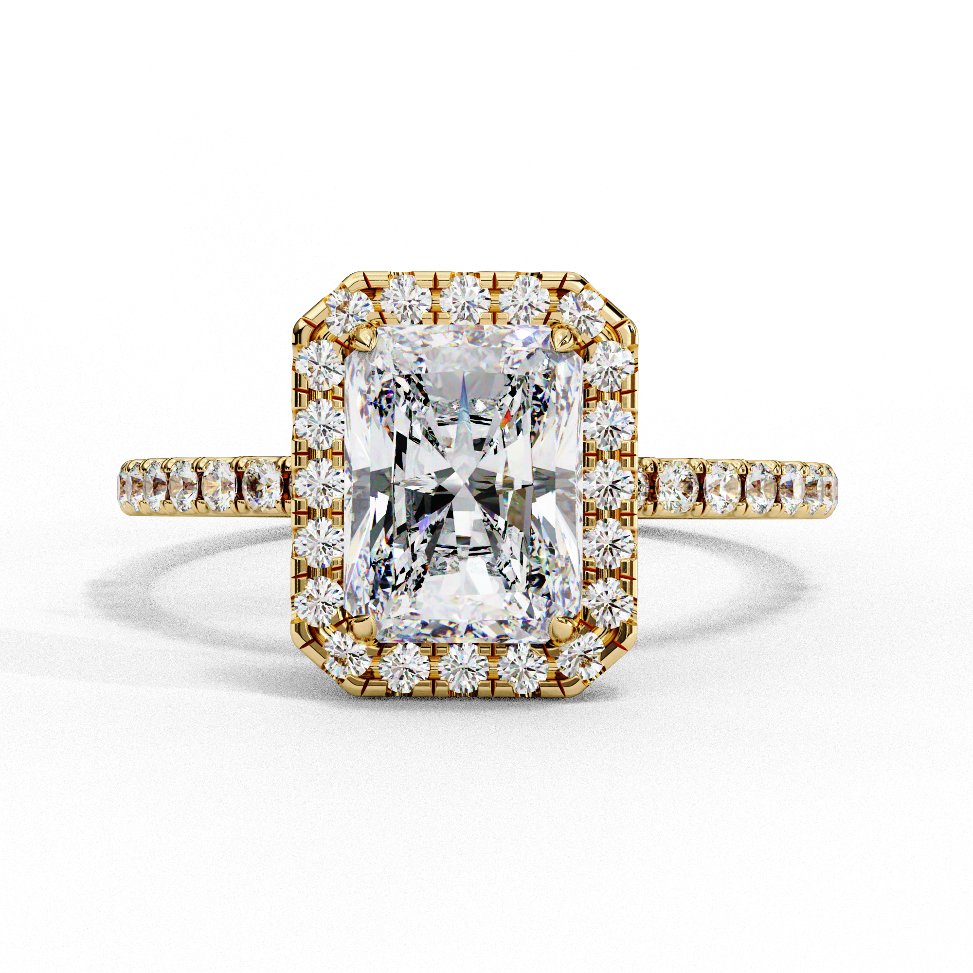 Radiant Shaped Synthetic Diamond Halo Engagement Ring 18K Yellow Gold Lab Diamond Engagement Rings
