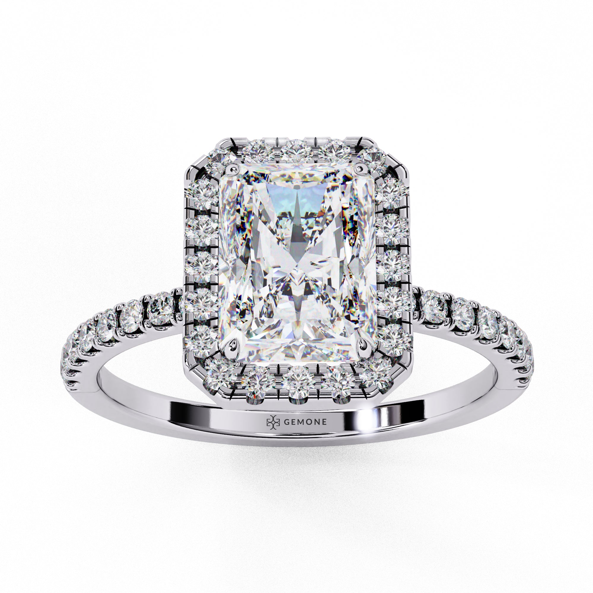 Radiant Shaped Synthetic Diamond Halo Engagement Ring Lab Diamond Engagement Rings