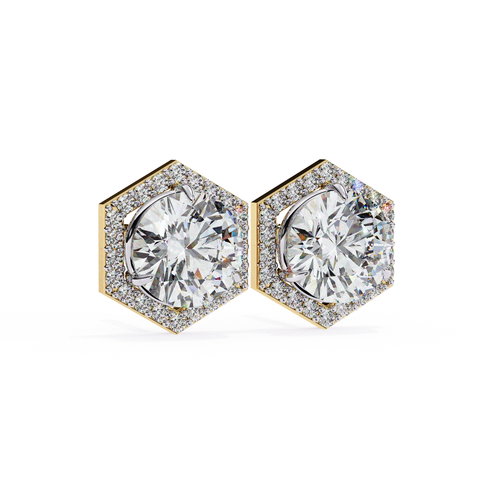 2.1 Carat Round Diamond Earrings Hexagon Halo Design