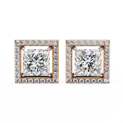 2.46 Carat Princess Cut Diamond Stud Earrings with Square Halo Design in Gold and Platinum Lab Diamond