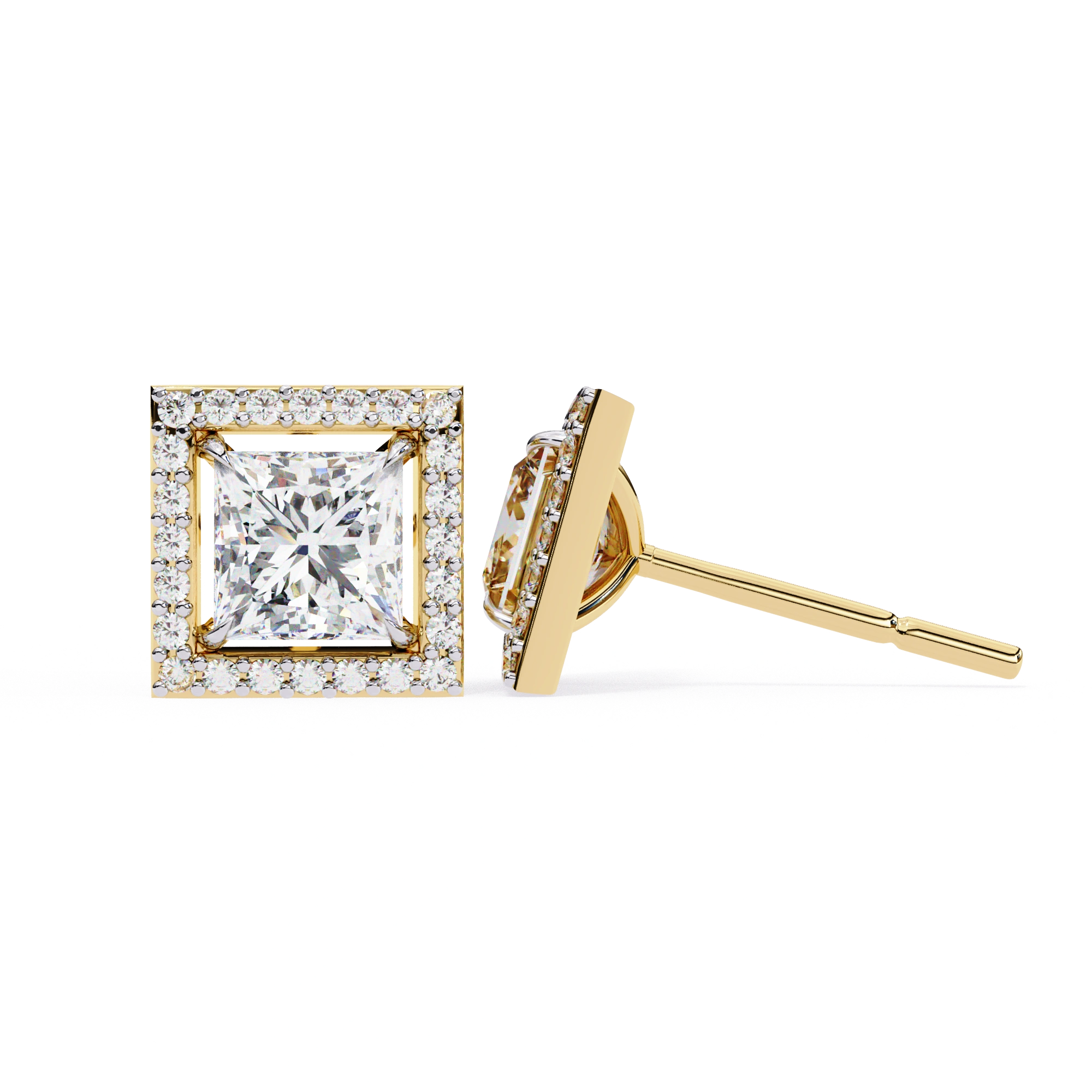 2.46 Carat Princess Cut Diamond Stud Earrings with Square Halo Design in Gold and Platinum
